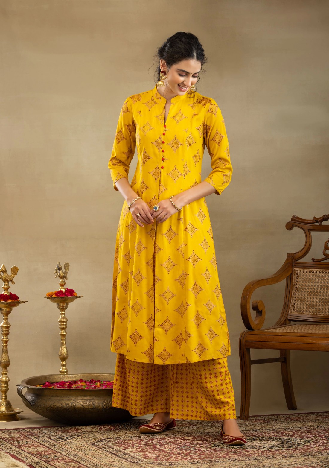 Yellow Block Print A-Line Kurta Palazzo Set