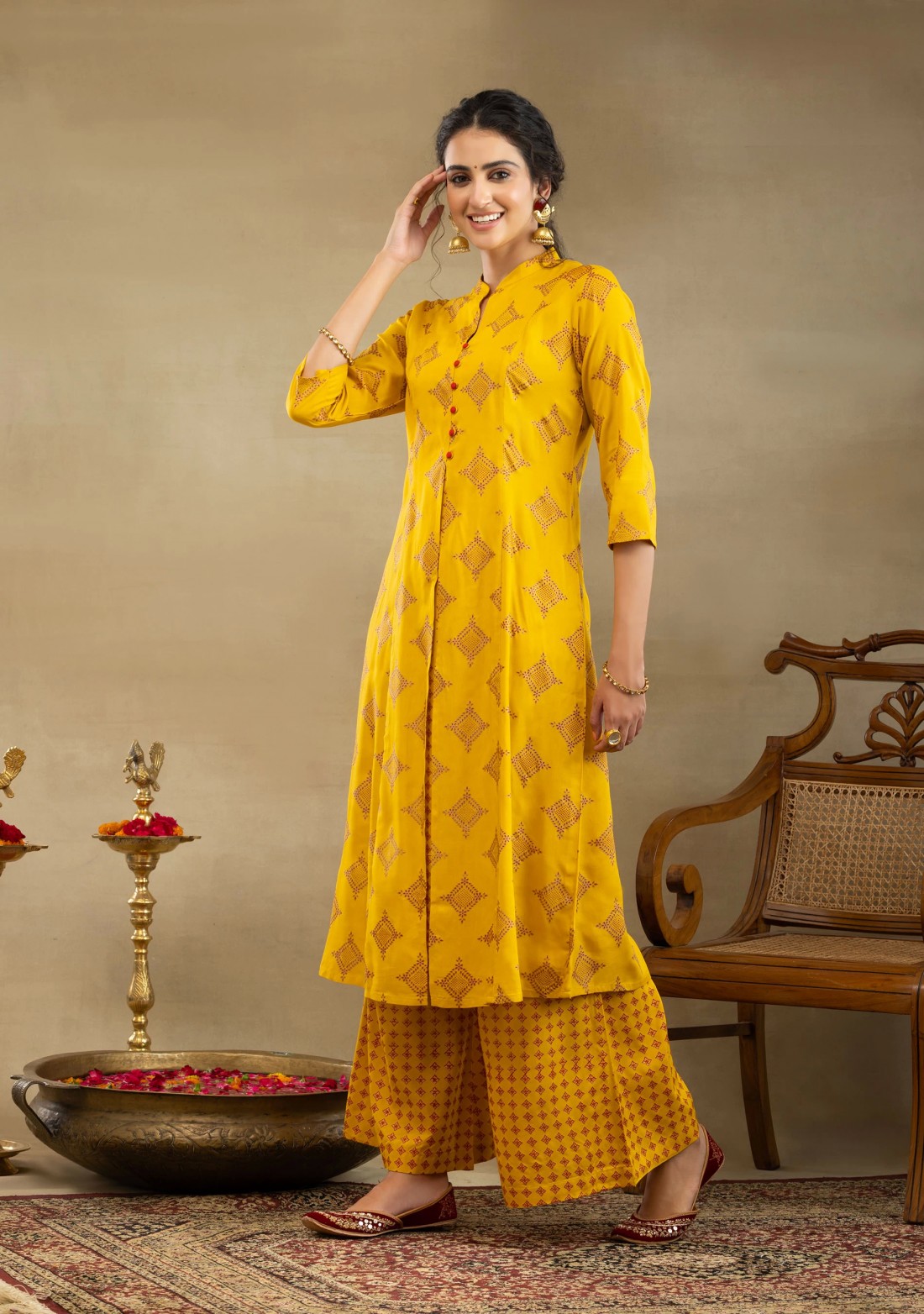 Yellow Block Print A-Line Kurta Palazzo Set