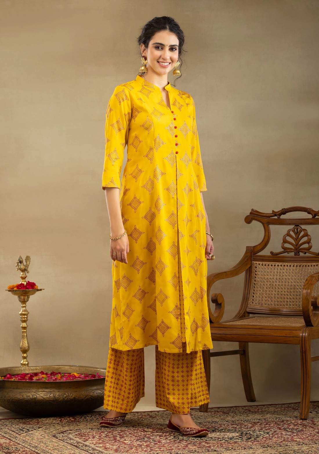 Yellow Block Print A-Line Kurta Palazzo Set