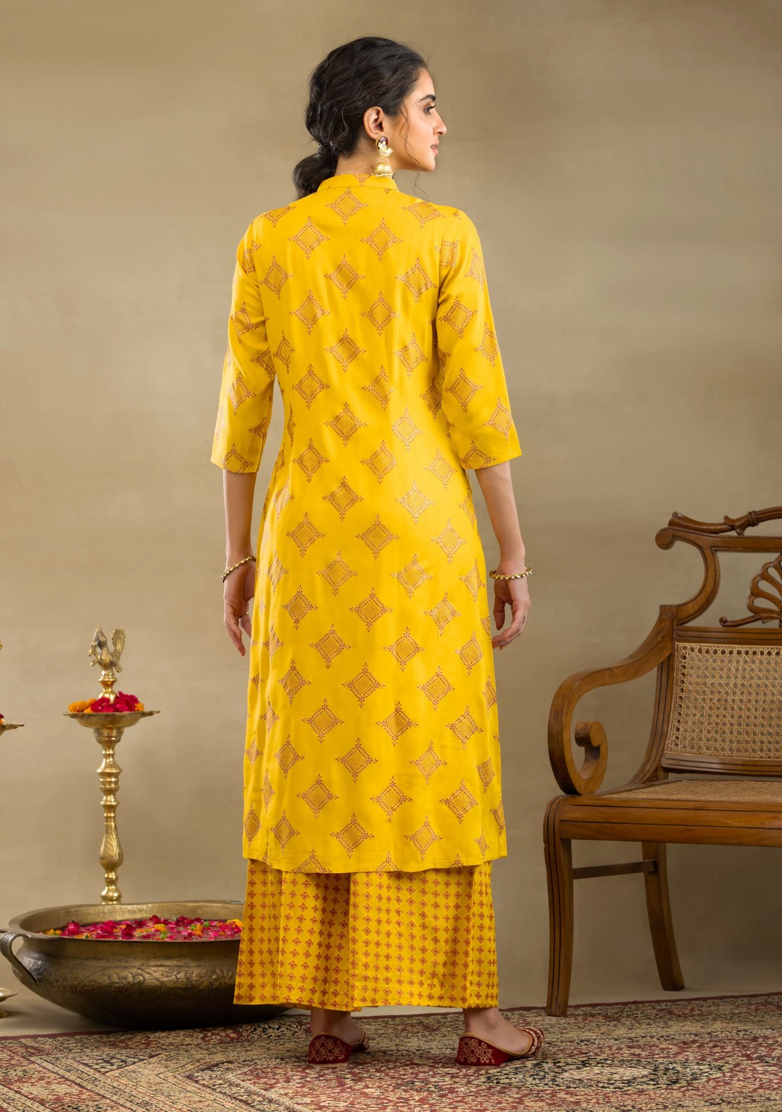 Yellow Block Print A-Line Kurta Palazzo Set