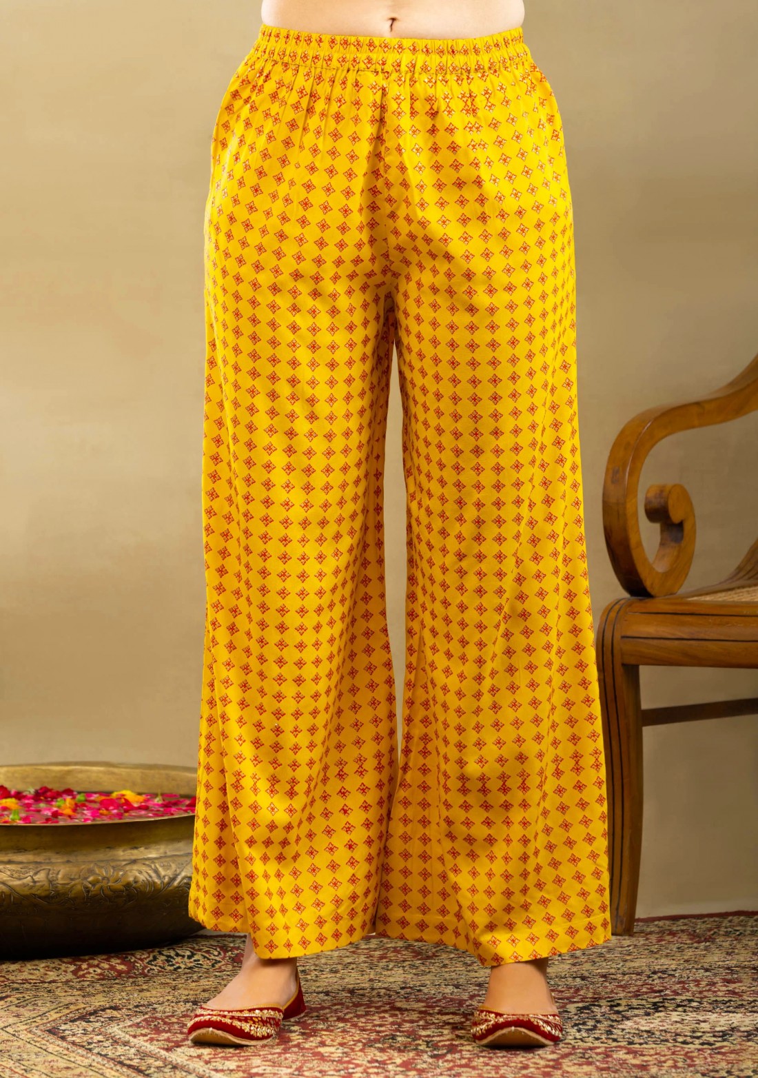 Yellow Block Print A-Line Kurta Palazzo Set