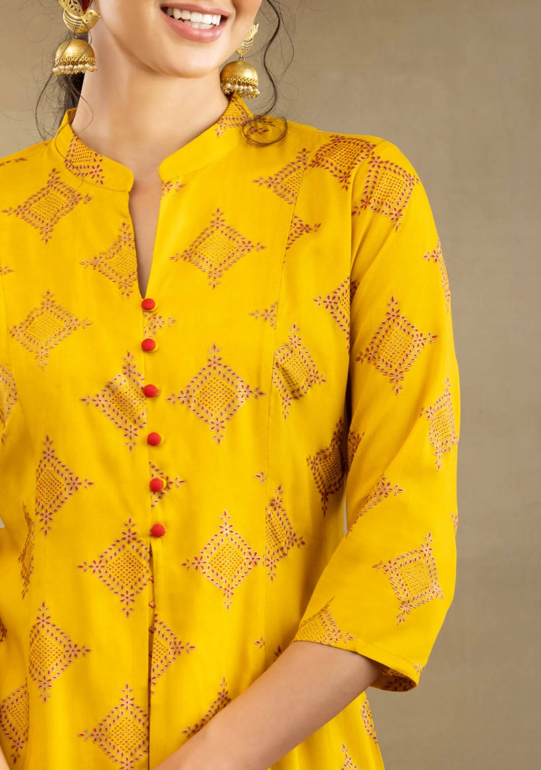 Yellow Block Print A-Line Kurta Palazzo Set