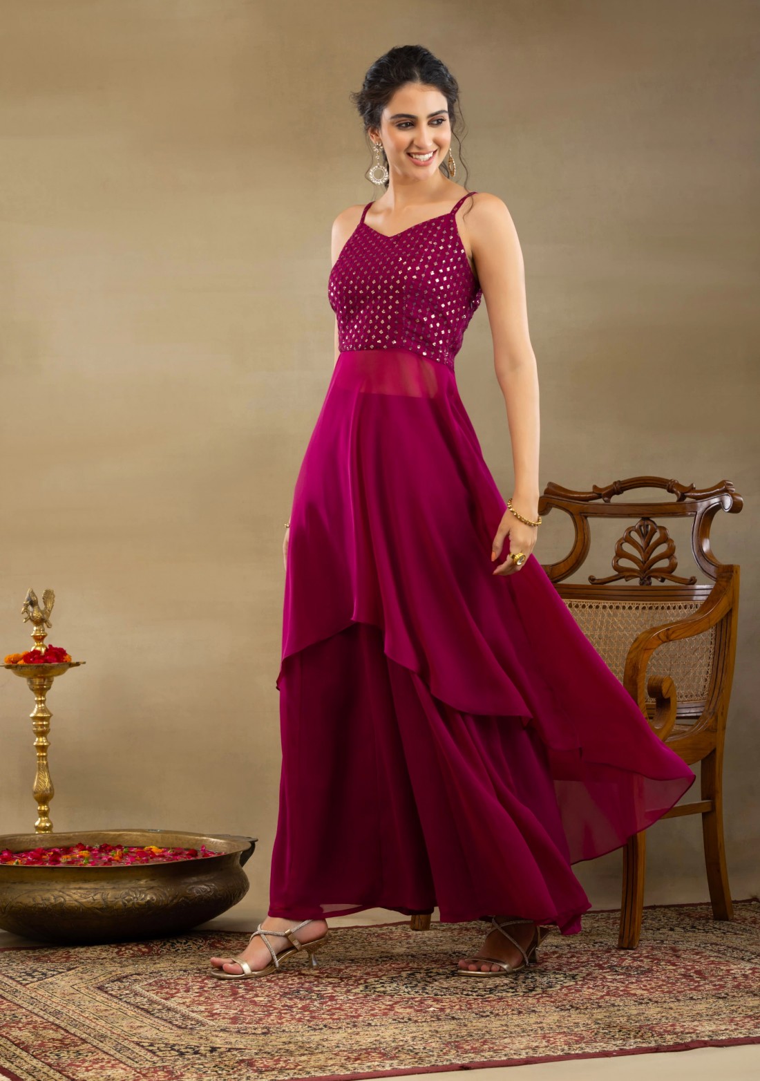 Sequins Embroidered Asymmetrical Wine Georgette Kurta Palazzo Set