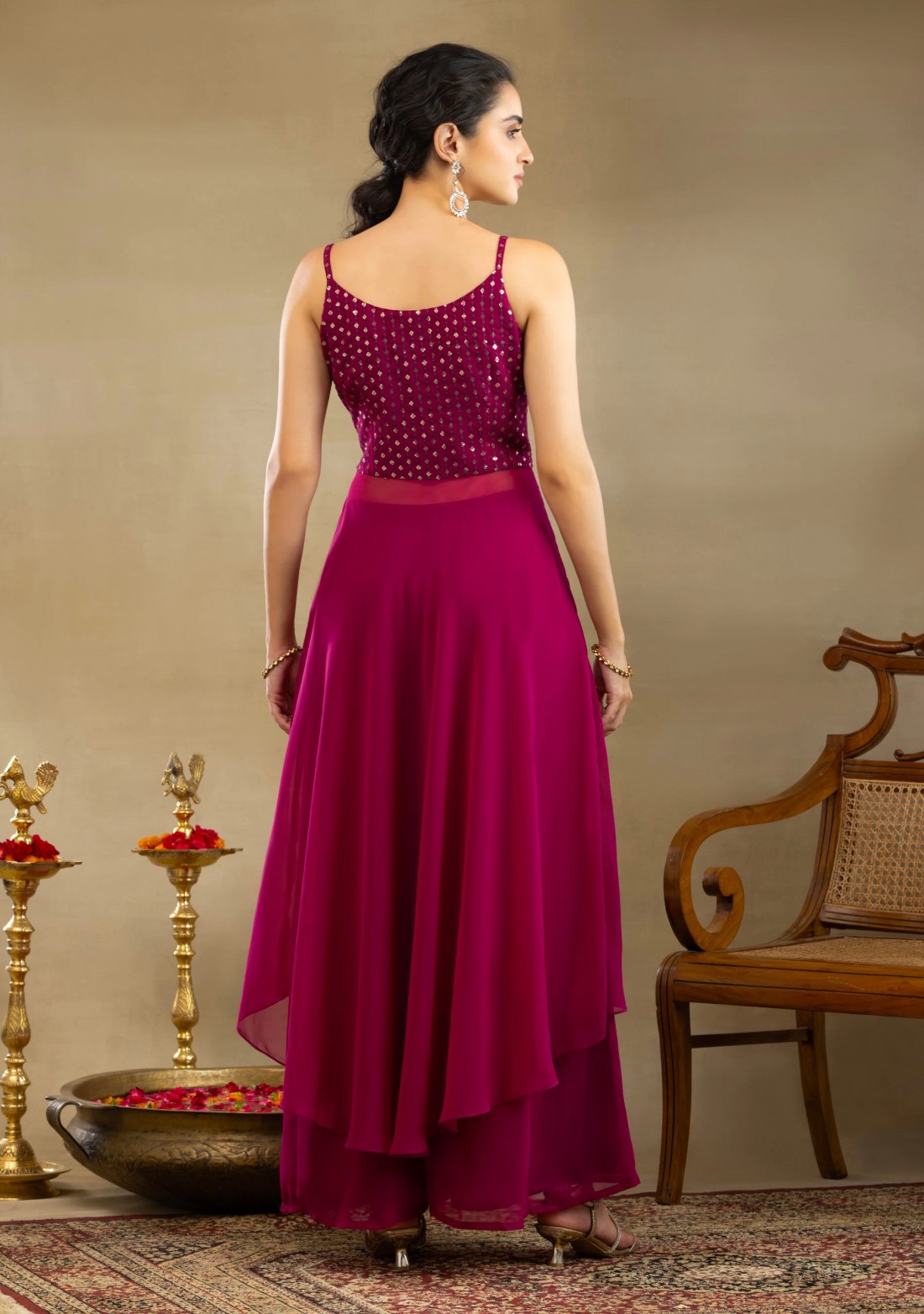 Sequins Embroidered Asymmetrical Wine Georgette Kurta Palazzo Set