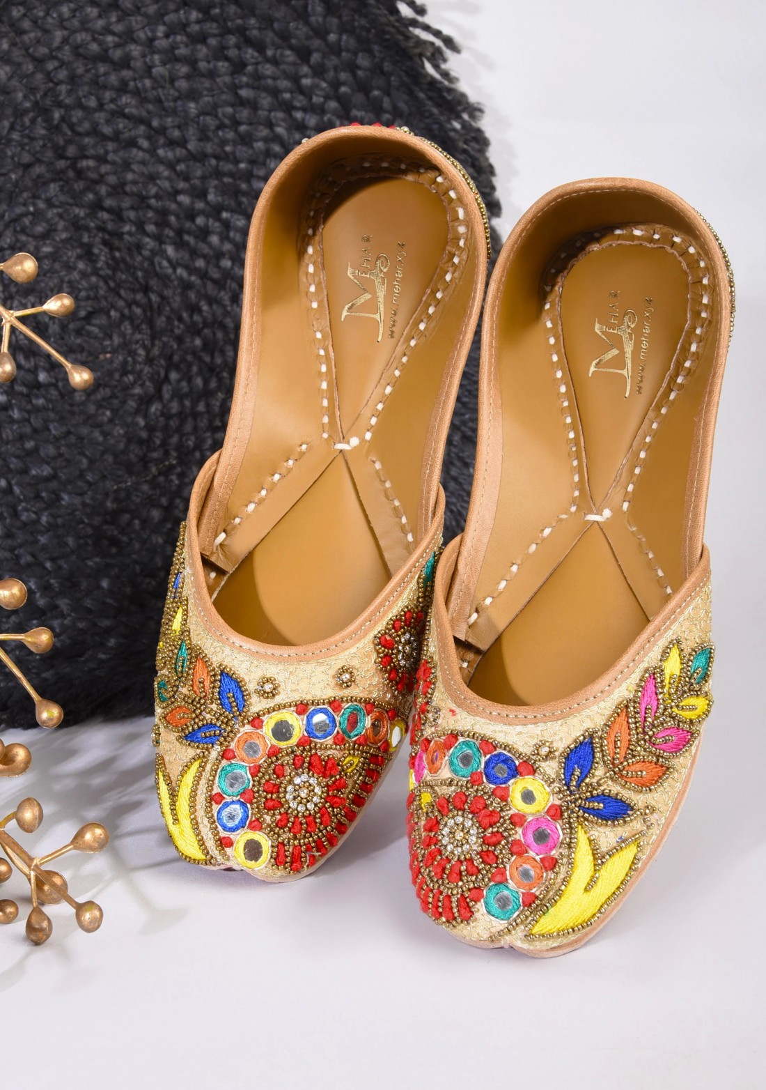 Beige Multi Colour Thread Embroidered Pure Leather Jutti