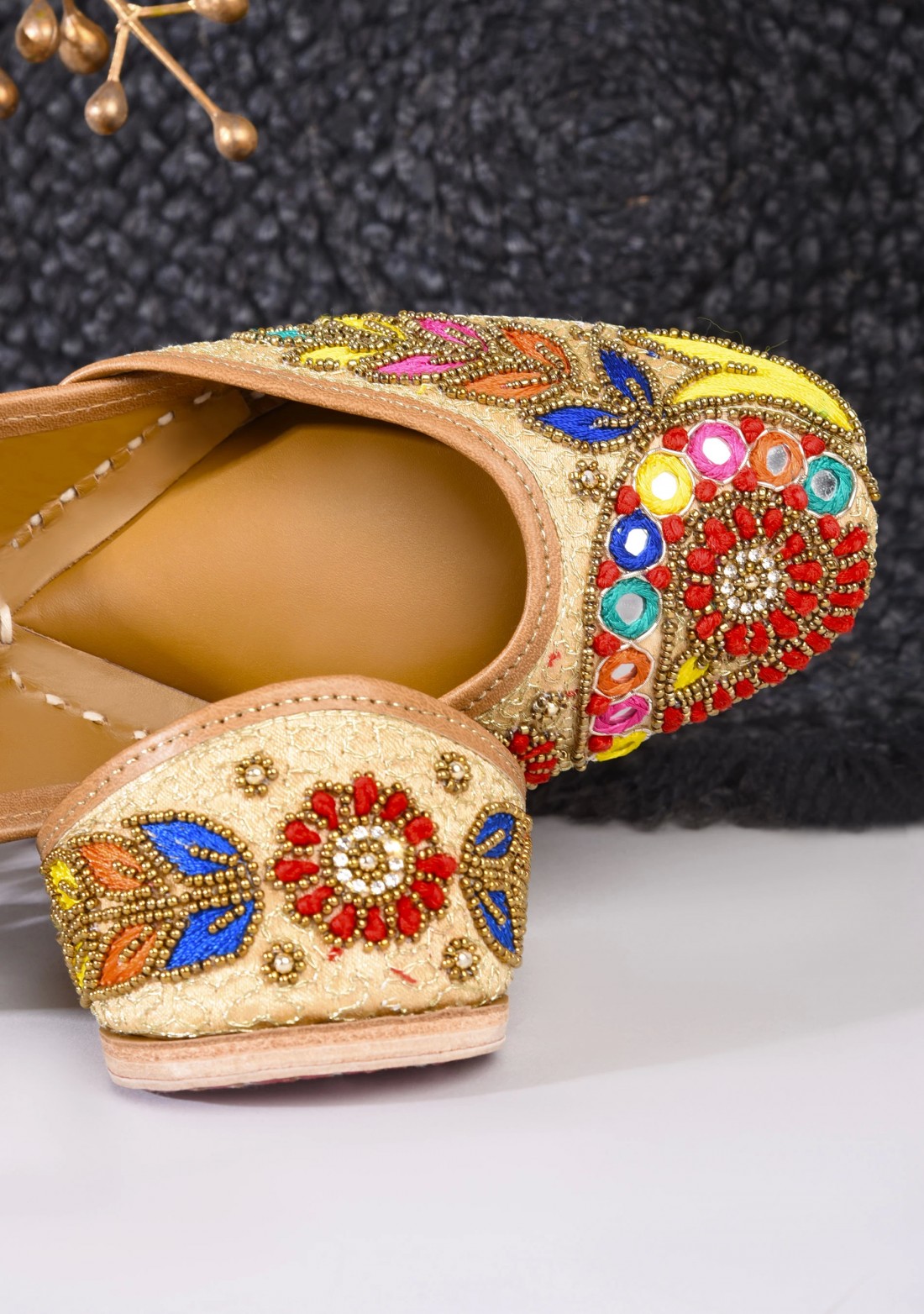 Beige Multi Colour Thread Embroidered Pure Leather Jutti