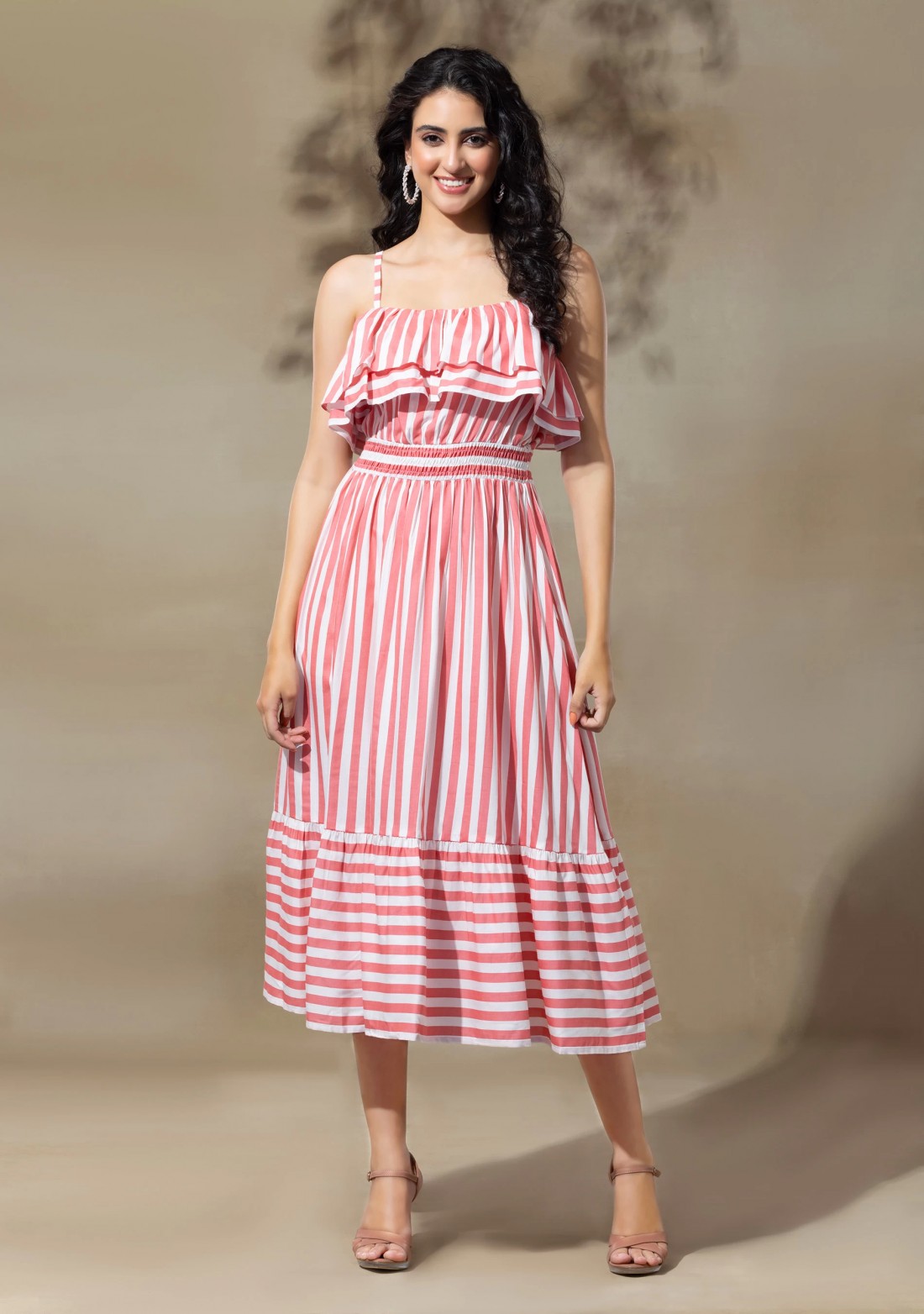 White & Peach Stripe Print Rayon Midi Dress