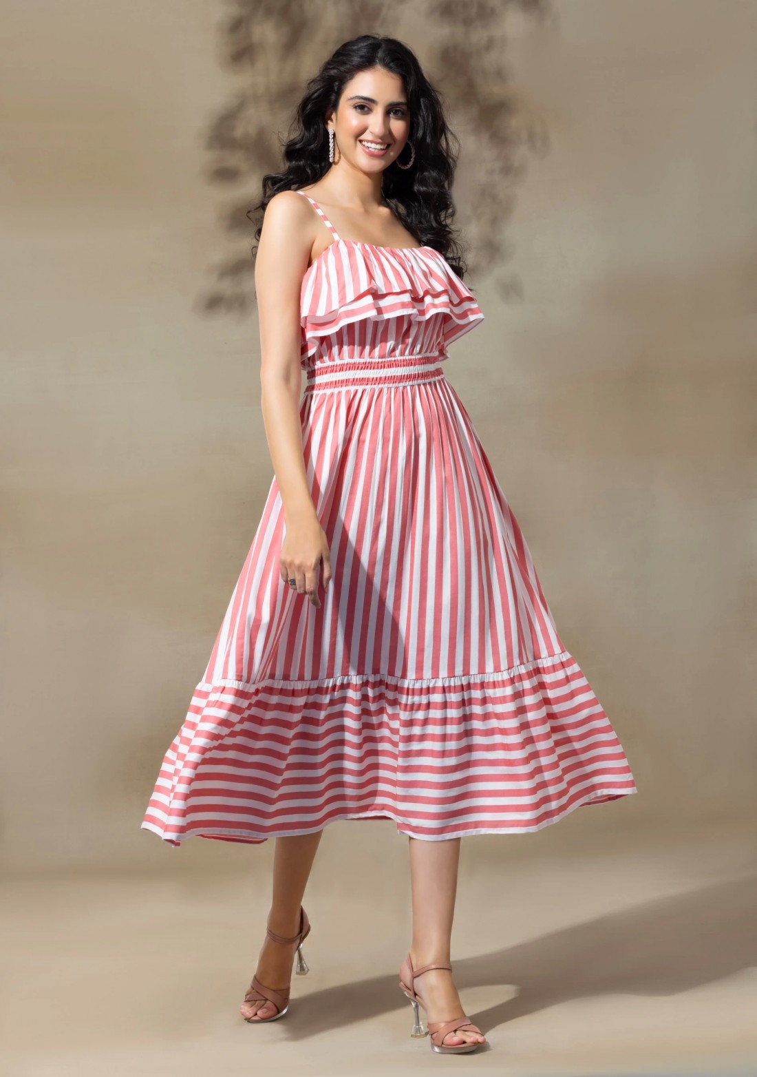 White & Peach Stripe Print Rayon Midi Dress