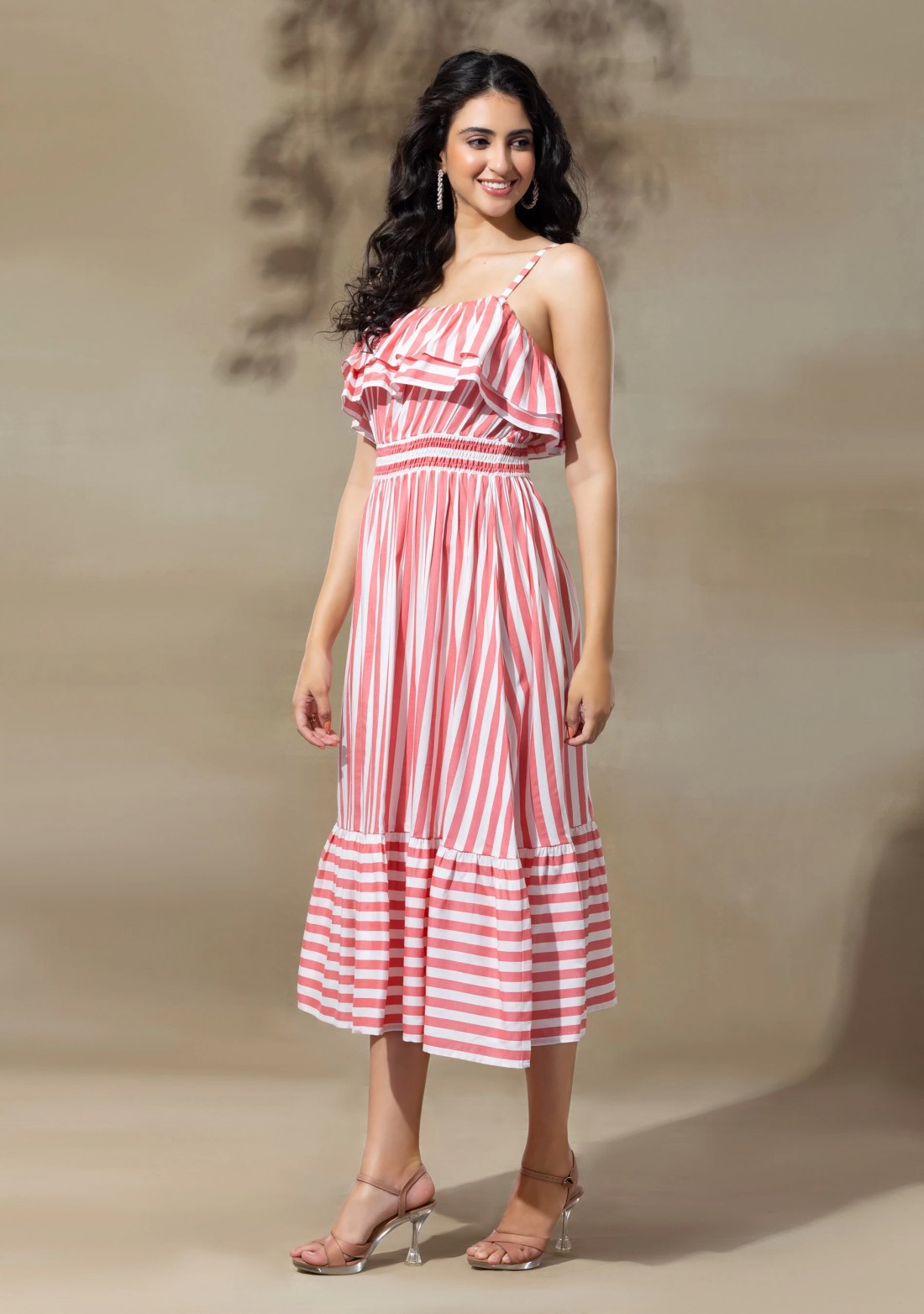 White & Peach Stripe Print Rayon Midi Dress