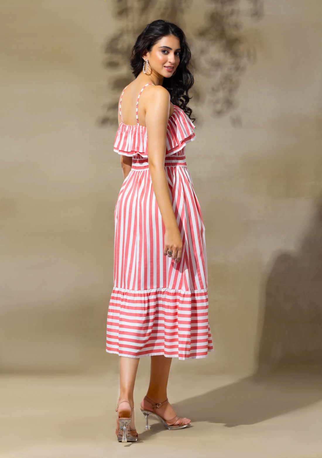 White & Peach Stripe Print Rayon Midi Dress