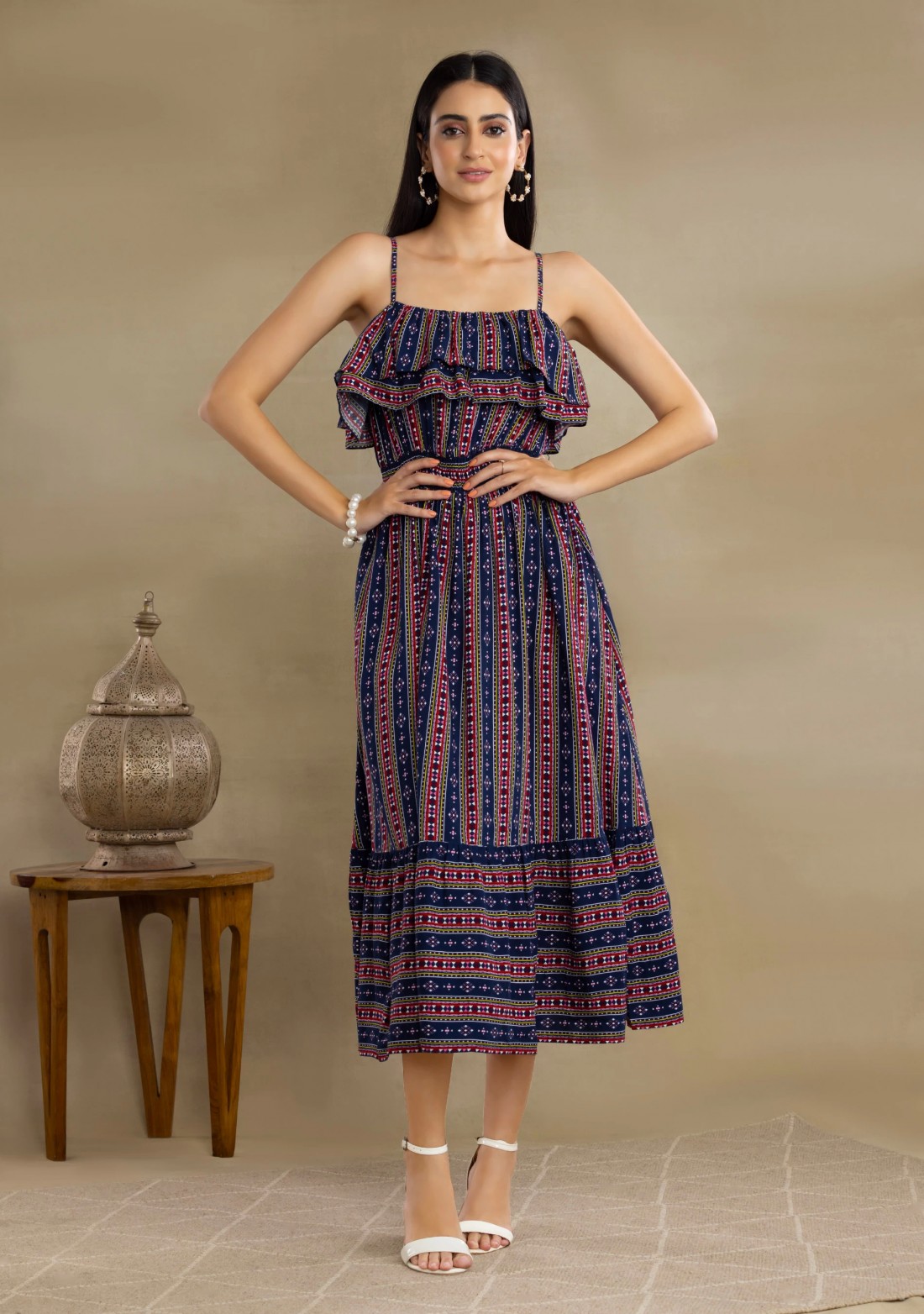 Dark Blue Ethnic Motif Print Strappy Ruffled Midi Dress