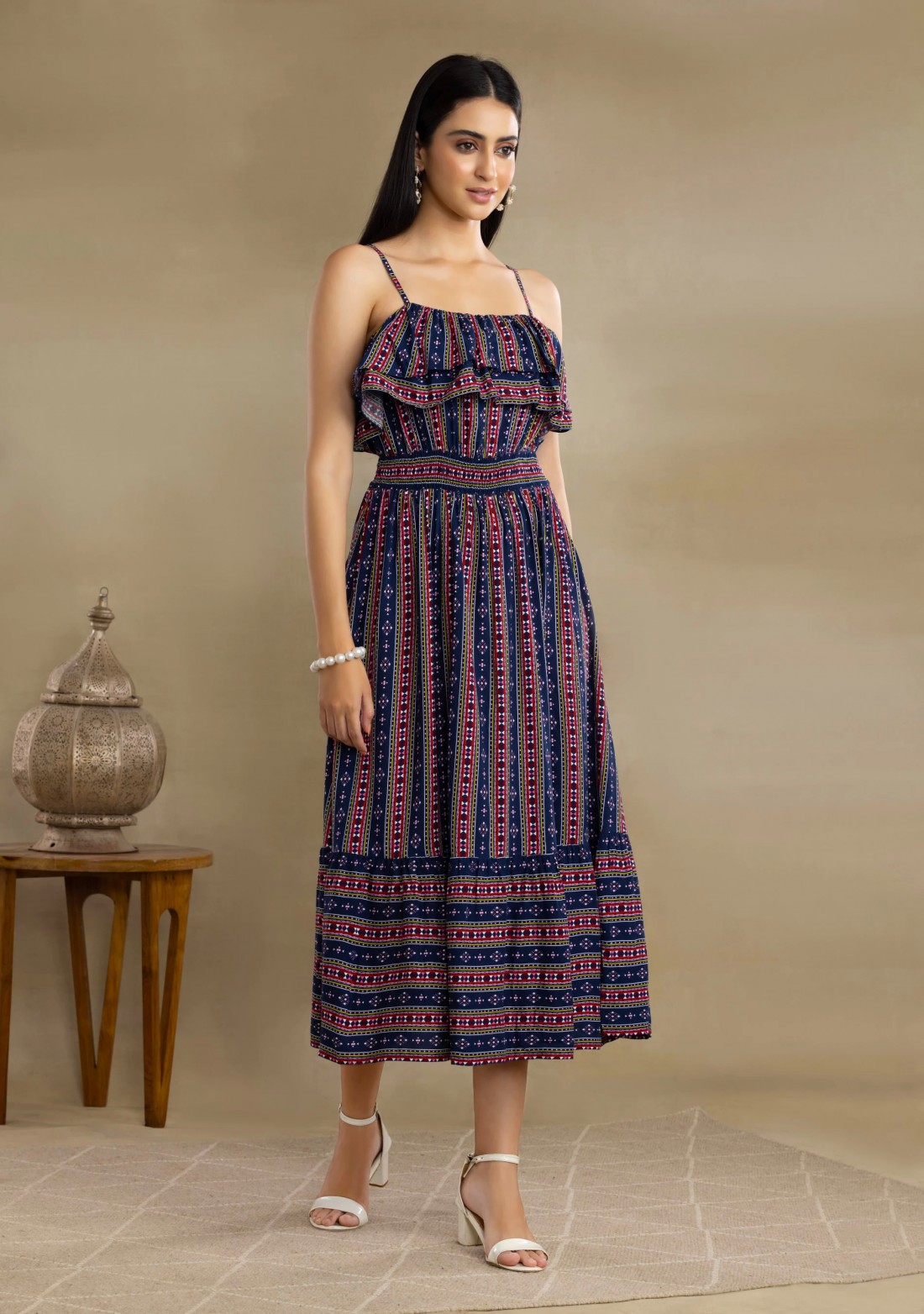 Dark Blue Ethnic Motif Print Strappy Ruffled Midi Dress