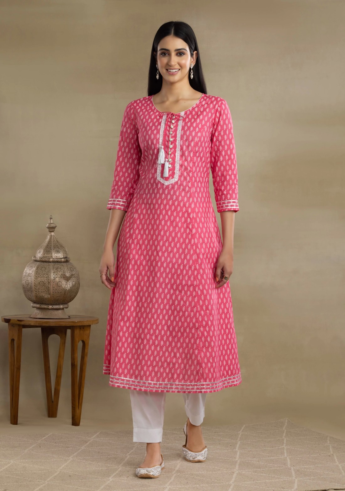 Pink Motif Printed panelled Flared Cotton Kurta