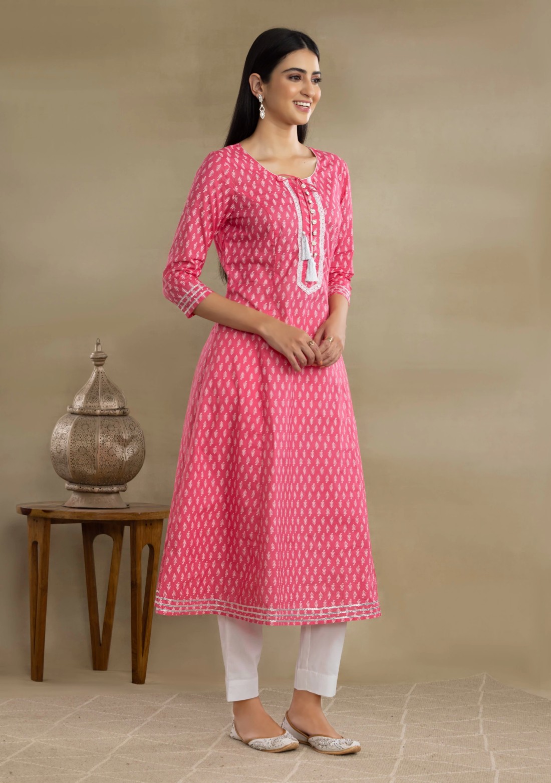 Pink Motif Printed panelled Flared Cotton Kurta