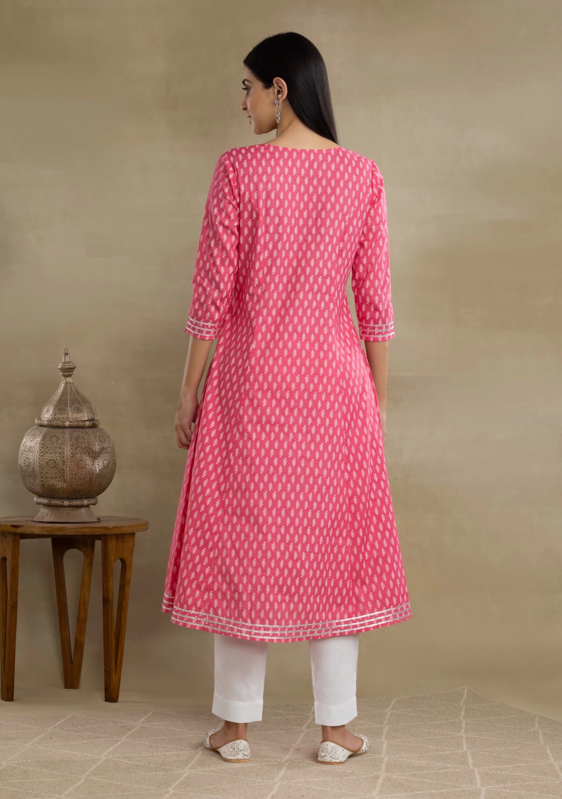 Pink Motif Printed panelled Flared Cotton Kurta