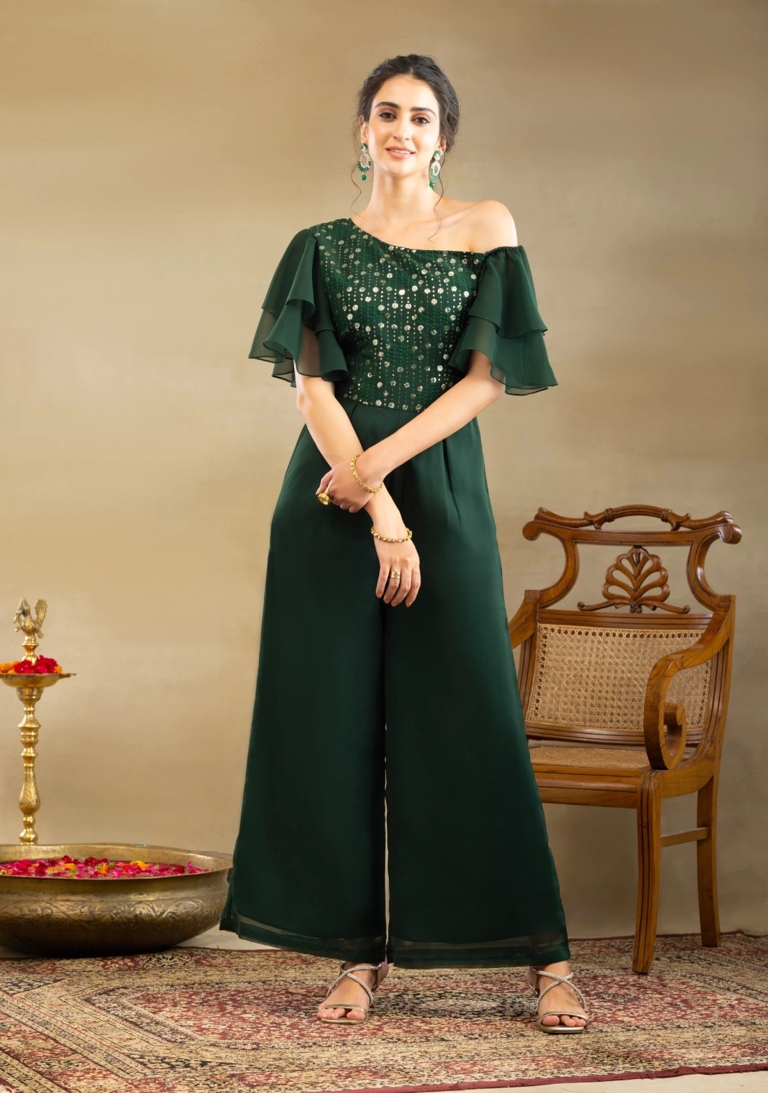 Bottle Green Georgette Thread & Sequins Embroidered One shoulder Jumpsuit