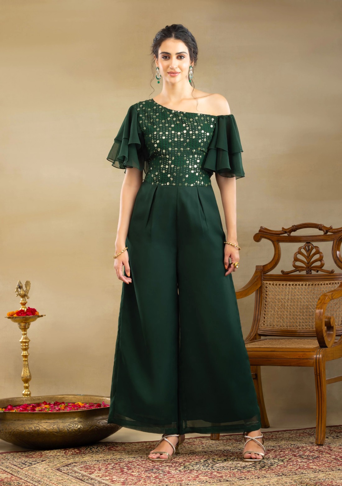 Bottle Green Georgette Thread & Sequins Embroidered One shoulder Jumpsuit