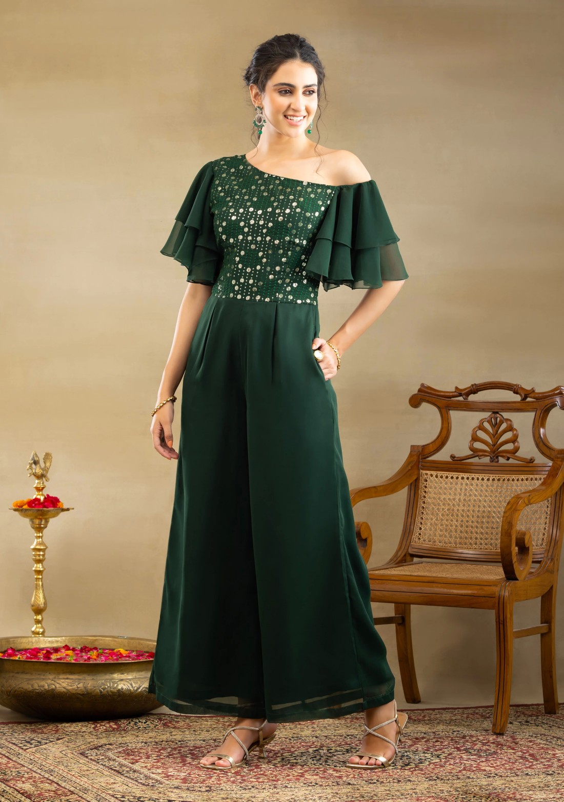 Bottle Green Georgette Thread & Sequins Embroidered One shoulder Jumpsuit