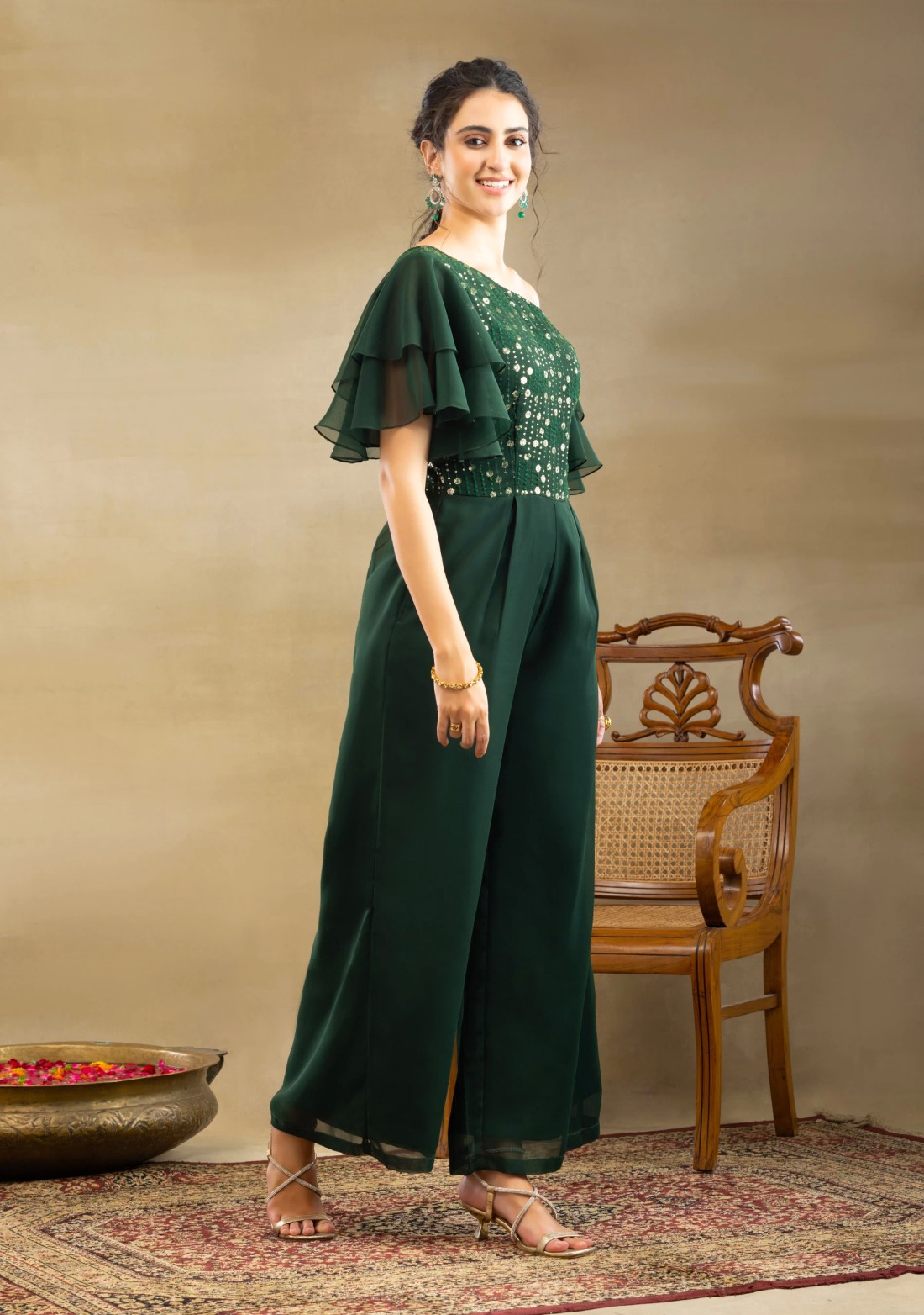 Bottle Green Georgette Thread & Sequins Embroidered One shoulder Jumpsuit