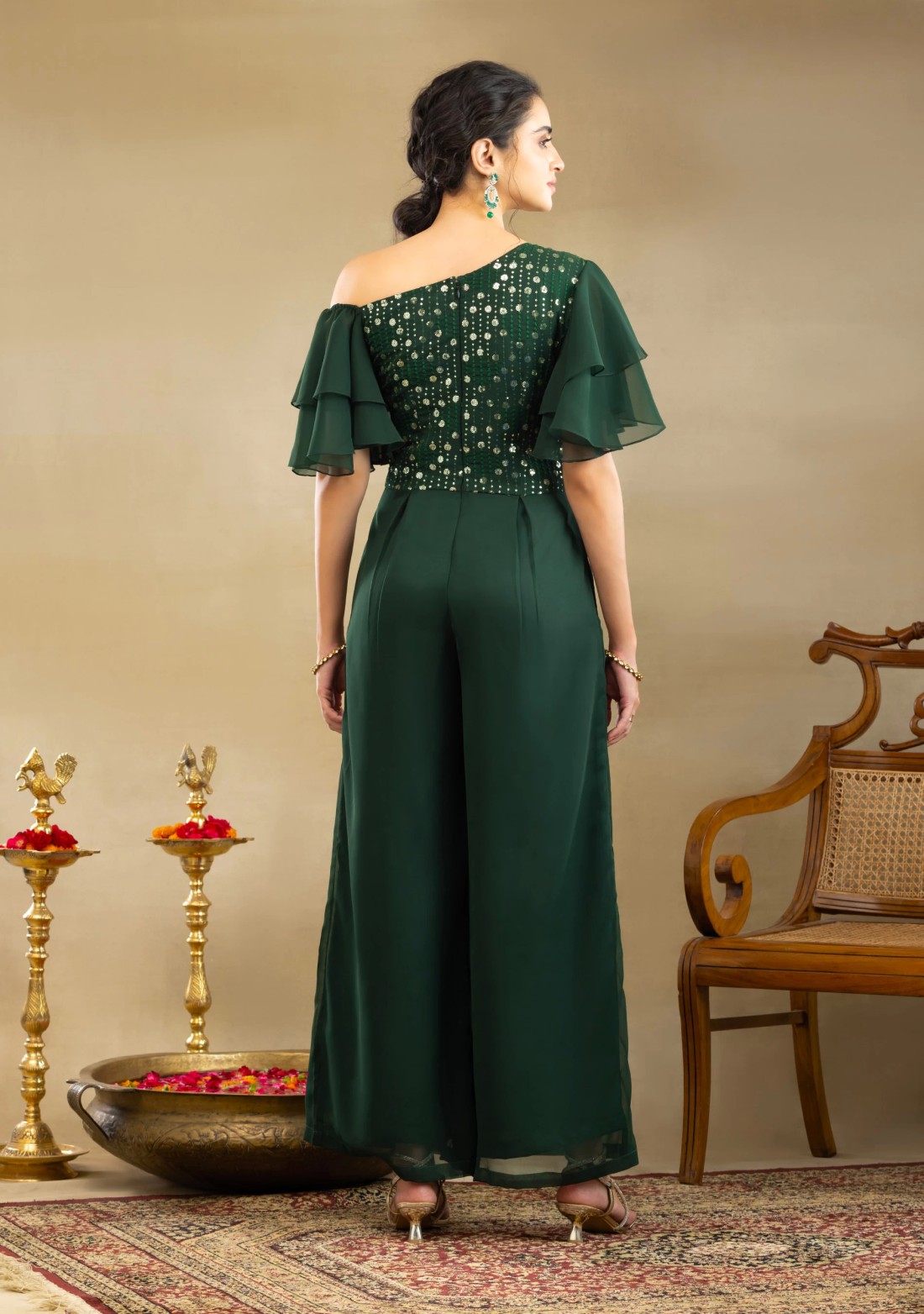 Bottle Green Georgette Thread & Sequins Embroidered One shoulder Jumpsuit