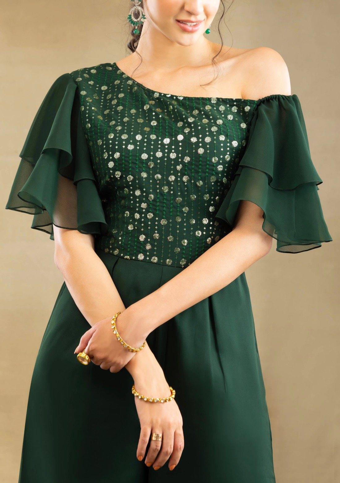 Bottle Green Georgette Thread & Sequins Embroidered One shoulder Jumpsuit