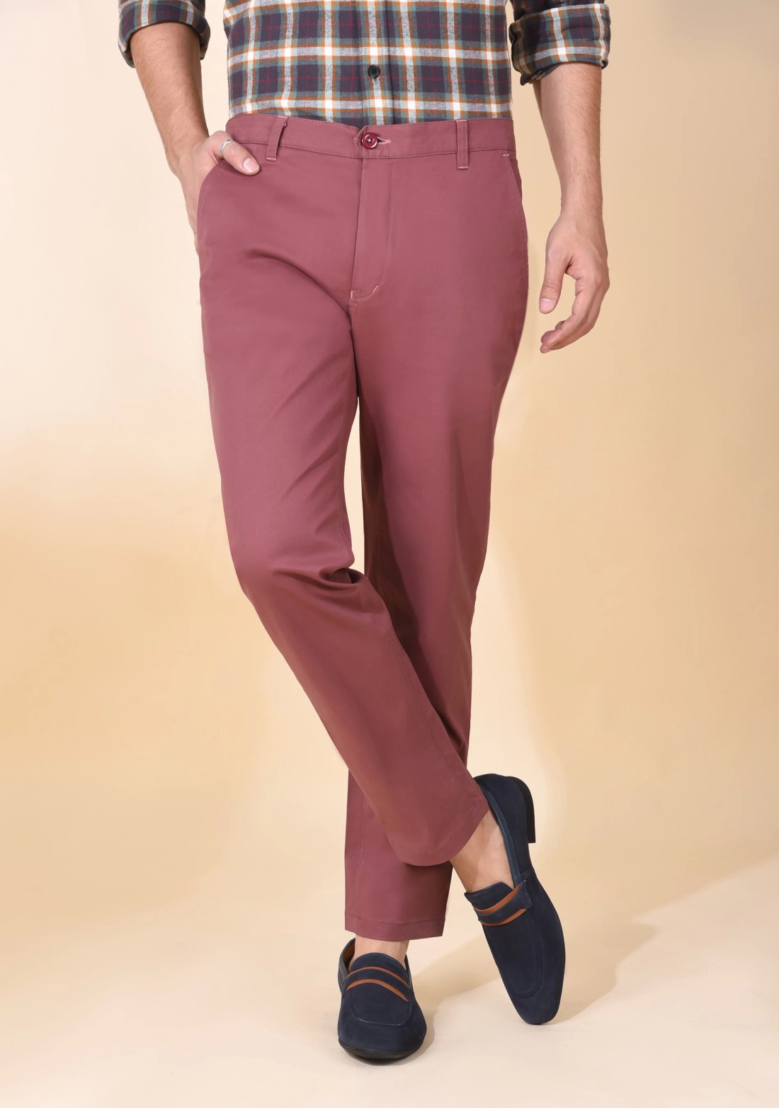 Men's Mauve Cotton Slim Fit Casual Trousers