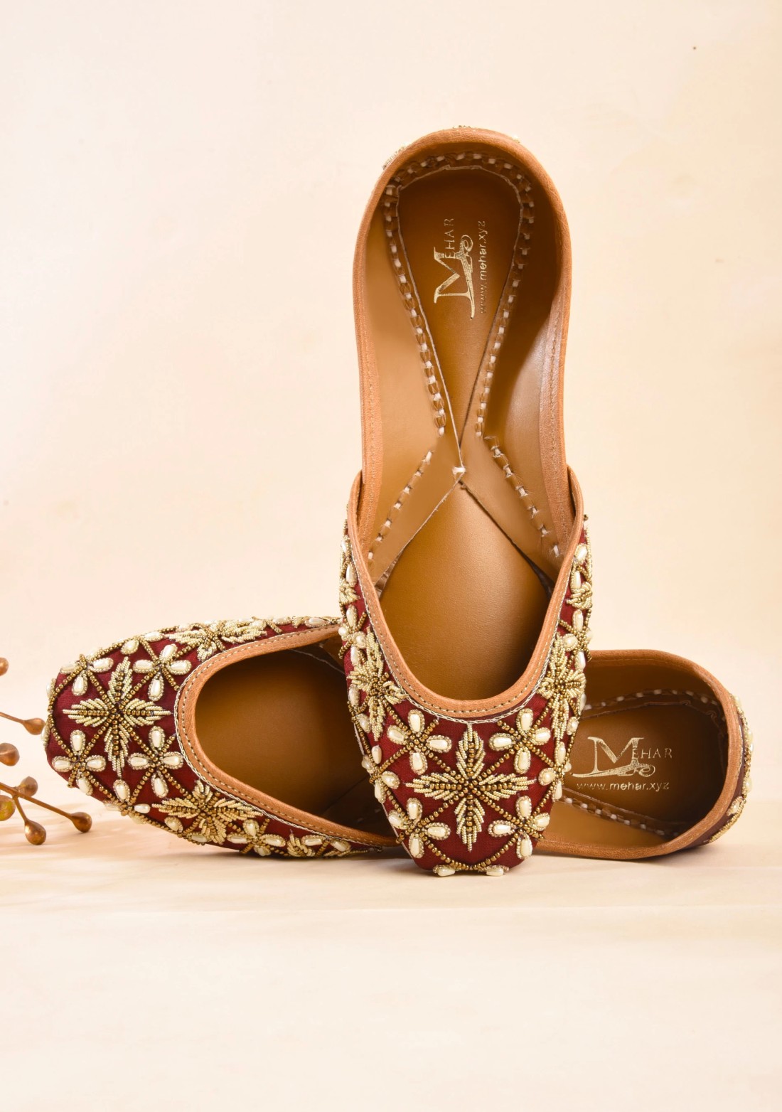 Rust Zardosi Embroidered pure leather Jutti