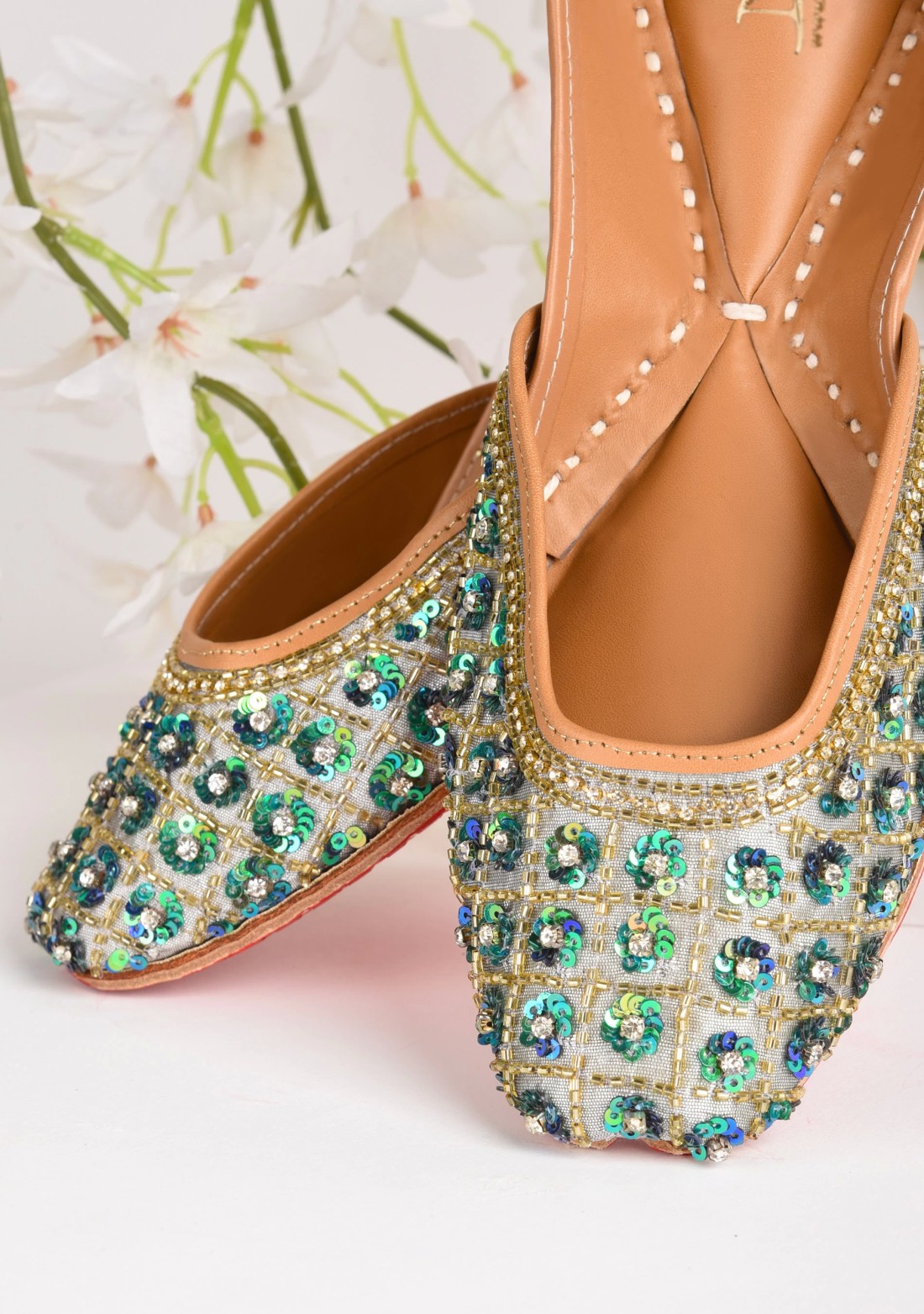 Grey Leather Jutti with Hand Embroidered Green Sequins