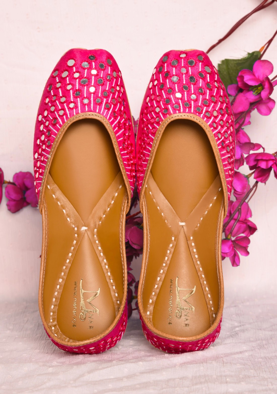 Rani Pink Mirror Work Pure Leather Jutti