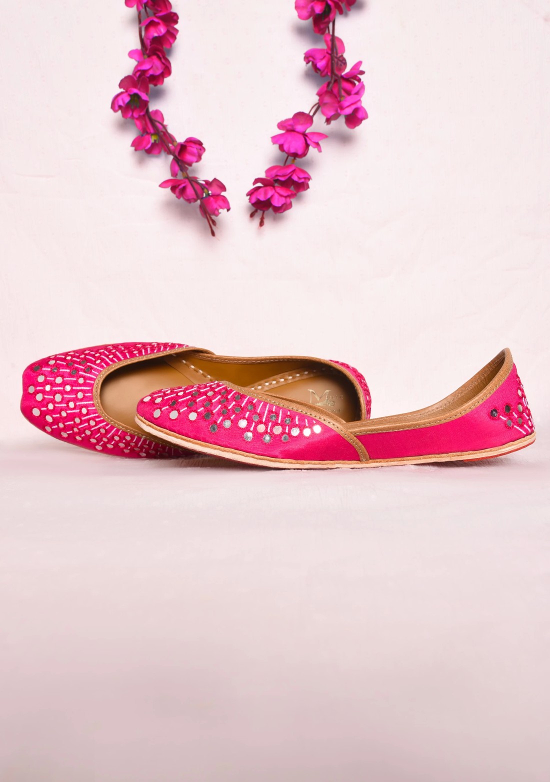 Rani Pink Mirror Work Pure Leather Jutti