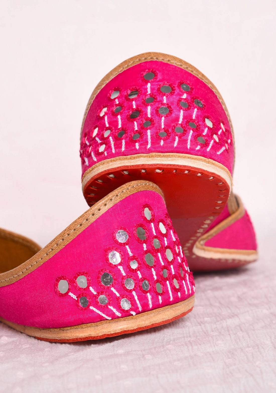 Rani Pink Mirror Work Pure Leather Jutti