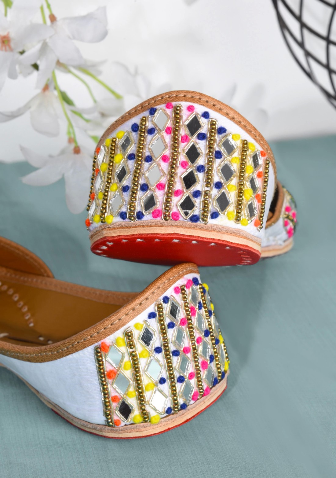 White Multi Color Thread And Mirror Work Pure Leather Jutti