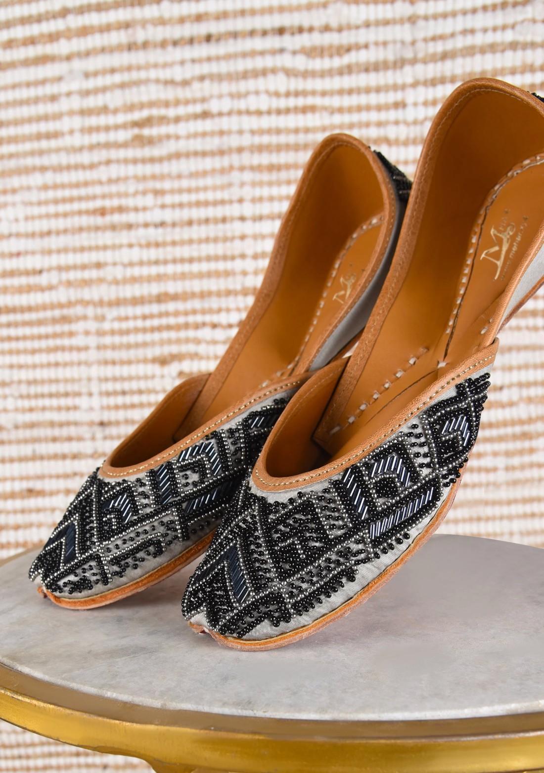 Grey Hand Embroidered Pure Leather Jutti with Silver Black Moti