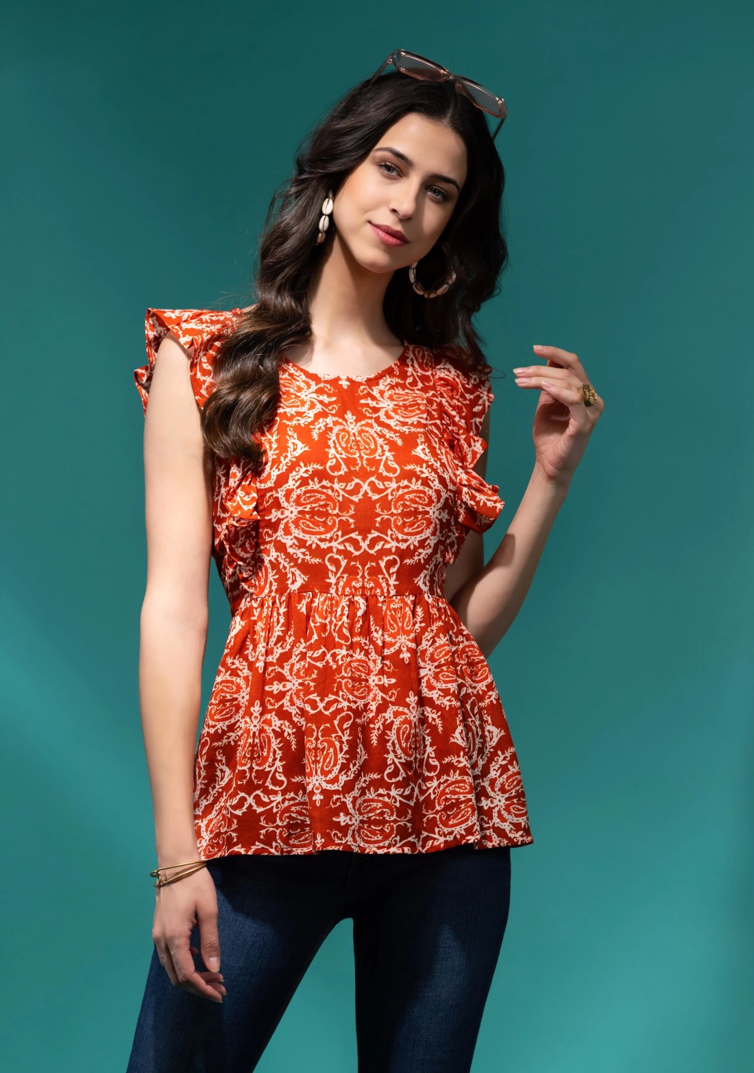 All Over Paisley Printed Rust Cotton Voile Ruffle Top