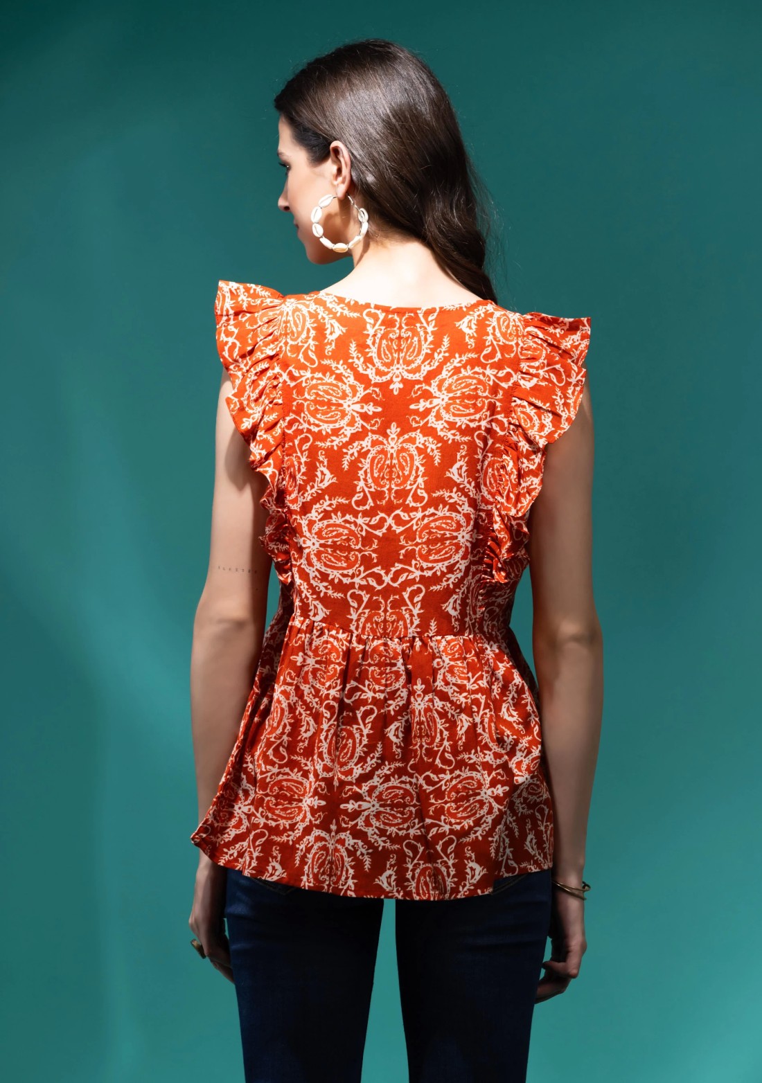 All Over Paisley Printed Rust Cotton Voile Ruffle Top