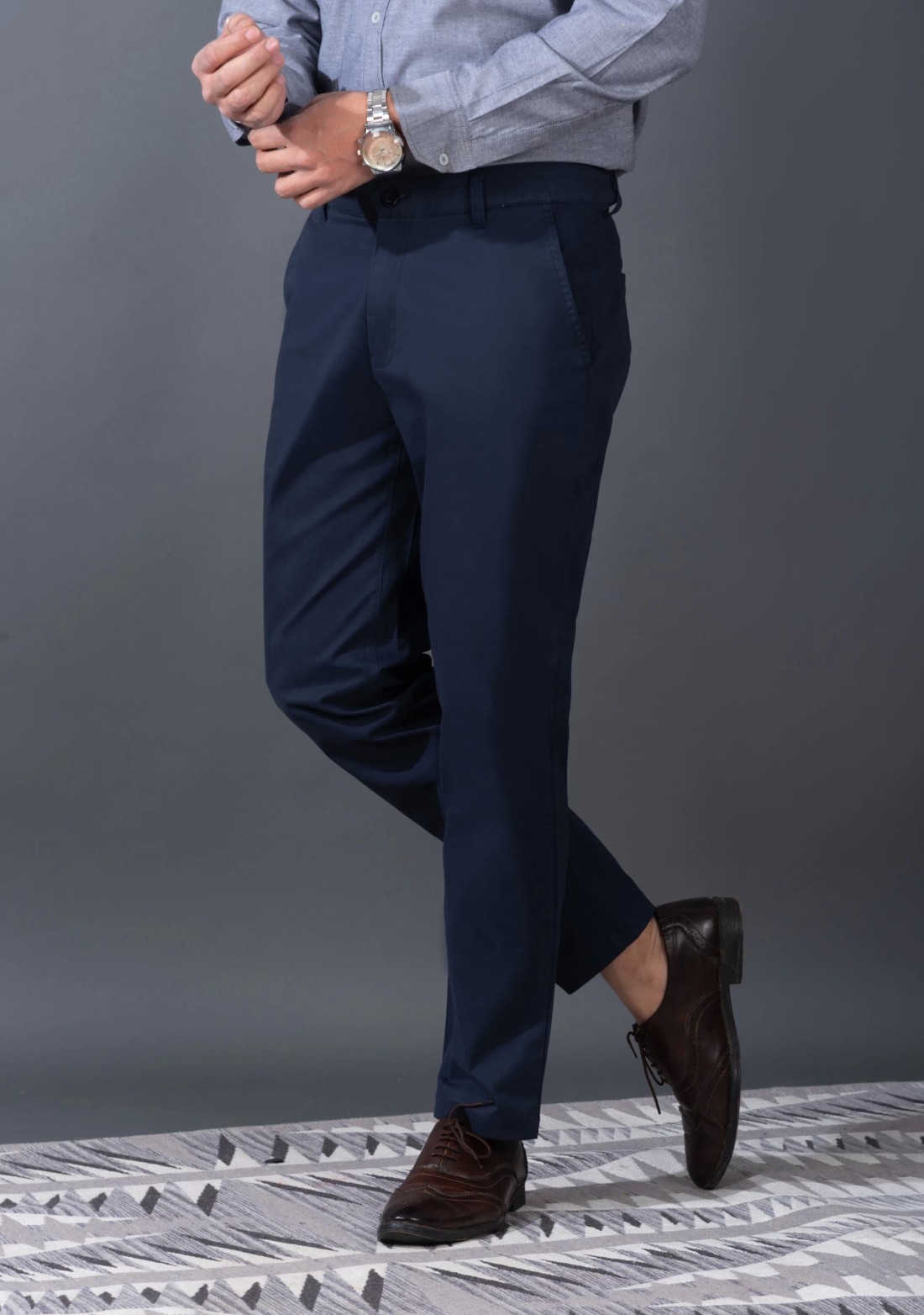 Men's Navy Cotton Slim Fit Casual Trouser