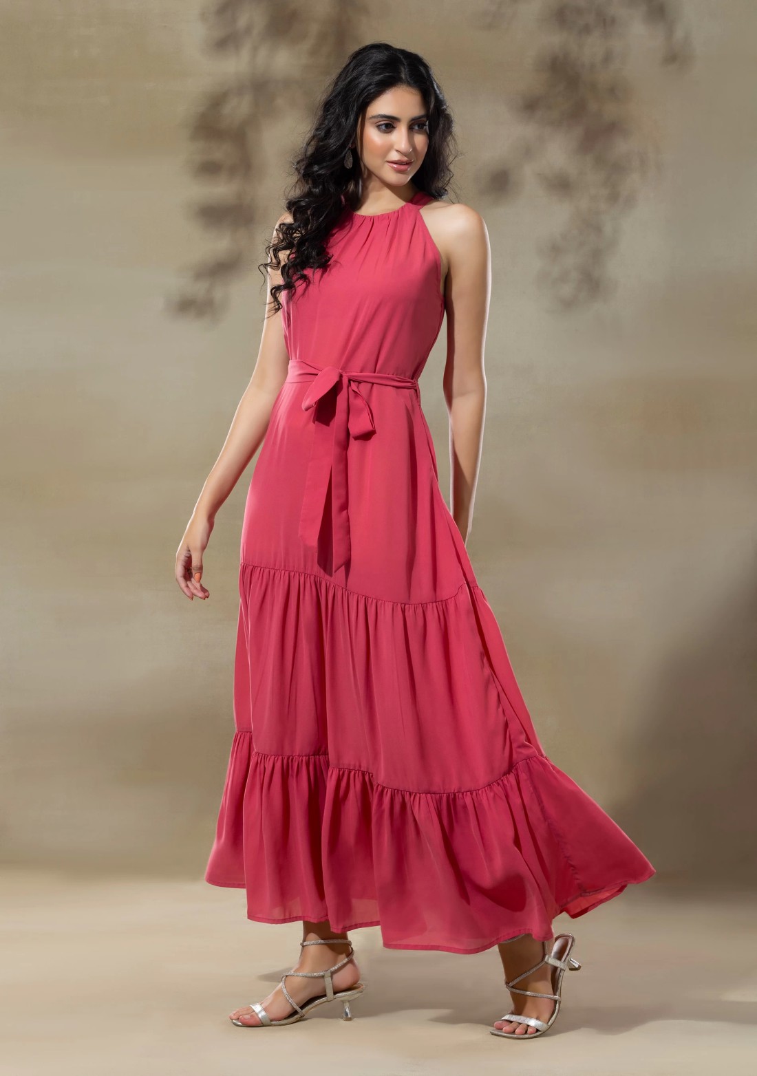 Dusty Pink Halter Neck Tiered Loose Fit Maxi Dress