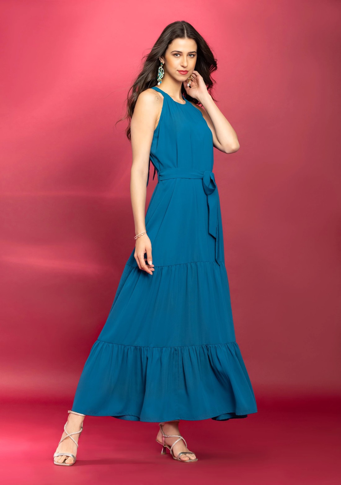 Turquoise Halter Neck Tiered Loose Fit Maxi Dress