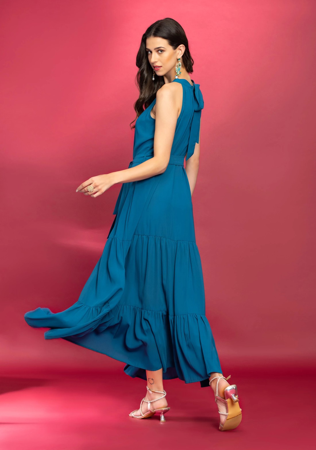 Turquoise Halter Neck Tiered Loose Fit Maxi Dress