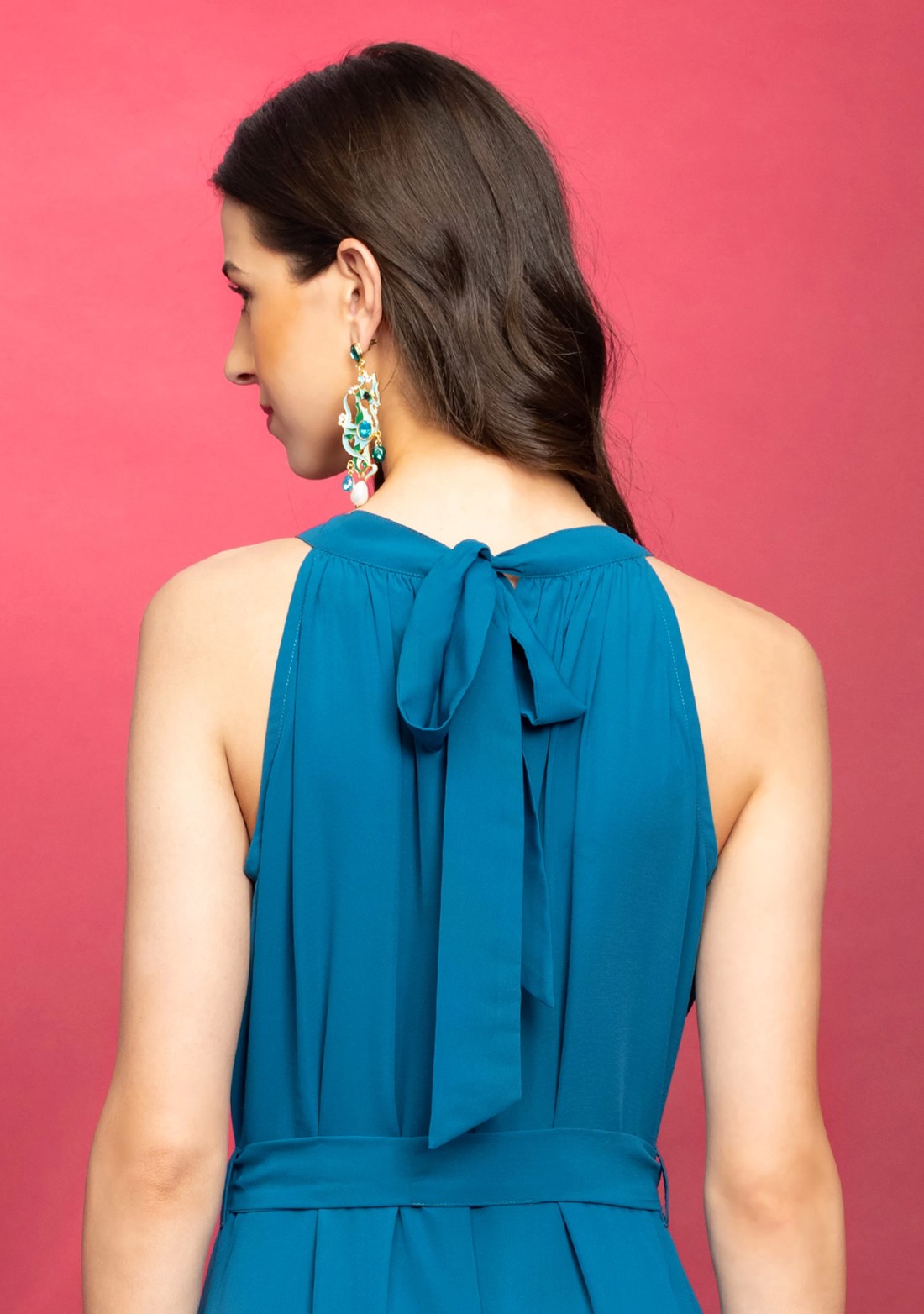 Turquoise Halter Neck Tiered Loose Fit Maxi Dress