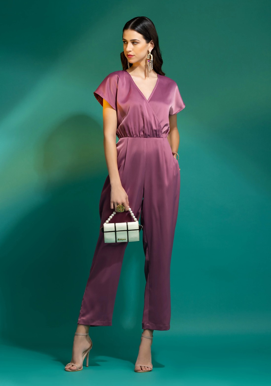 Mauve Satin Party Wear Wrap Jumpsuit