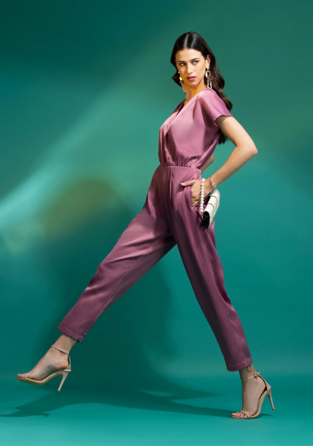 Mauve Satin Party Wear Wrap Jumpsuit