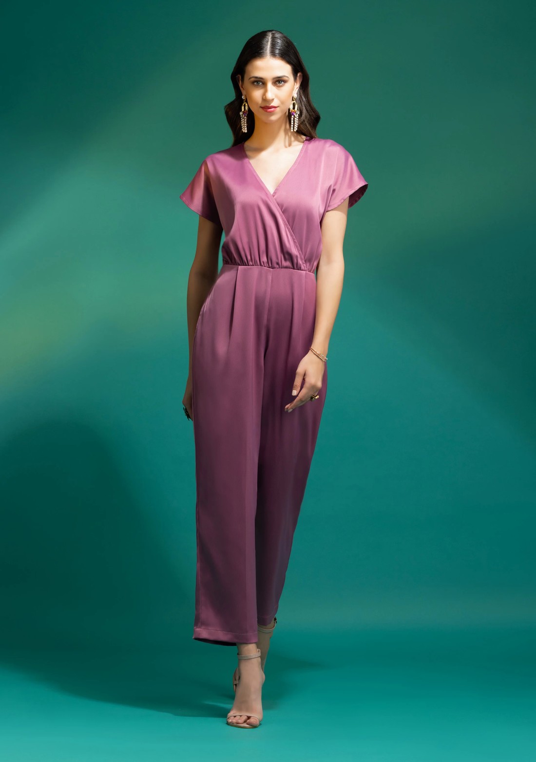 Mauve Satin Party Wear Wrap Jumpsuit