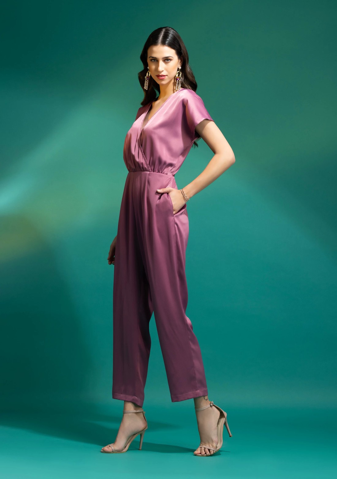 Mauve Satin Party Wear Wrap Jumpsuit