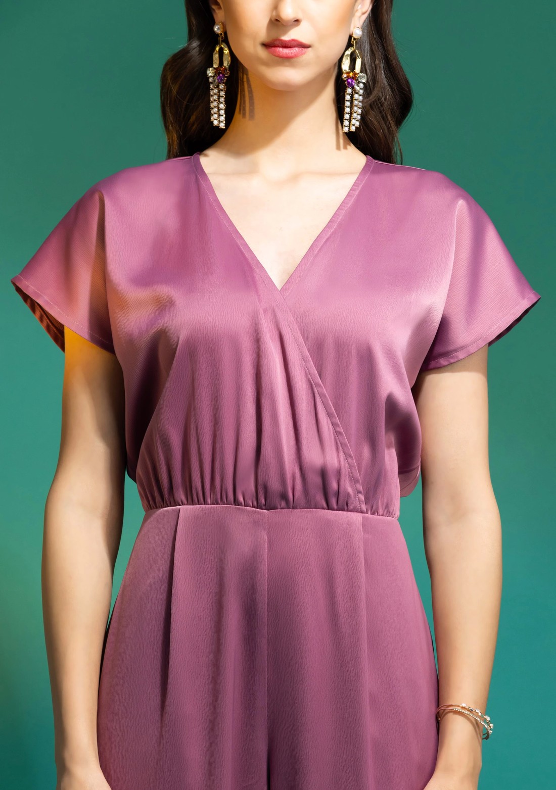 Mauve Satin Party Wear Wrap Jumpsuit