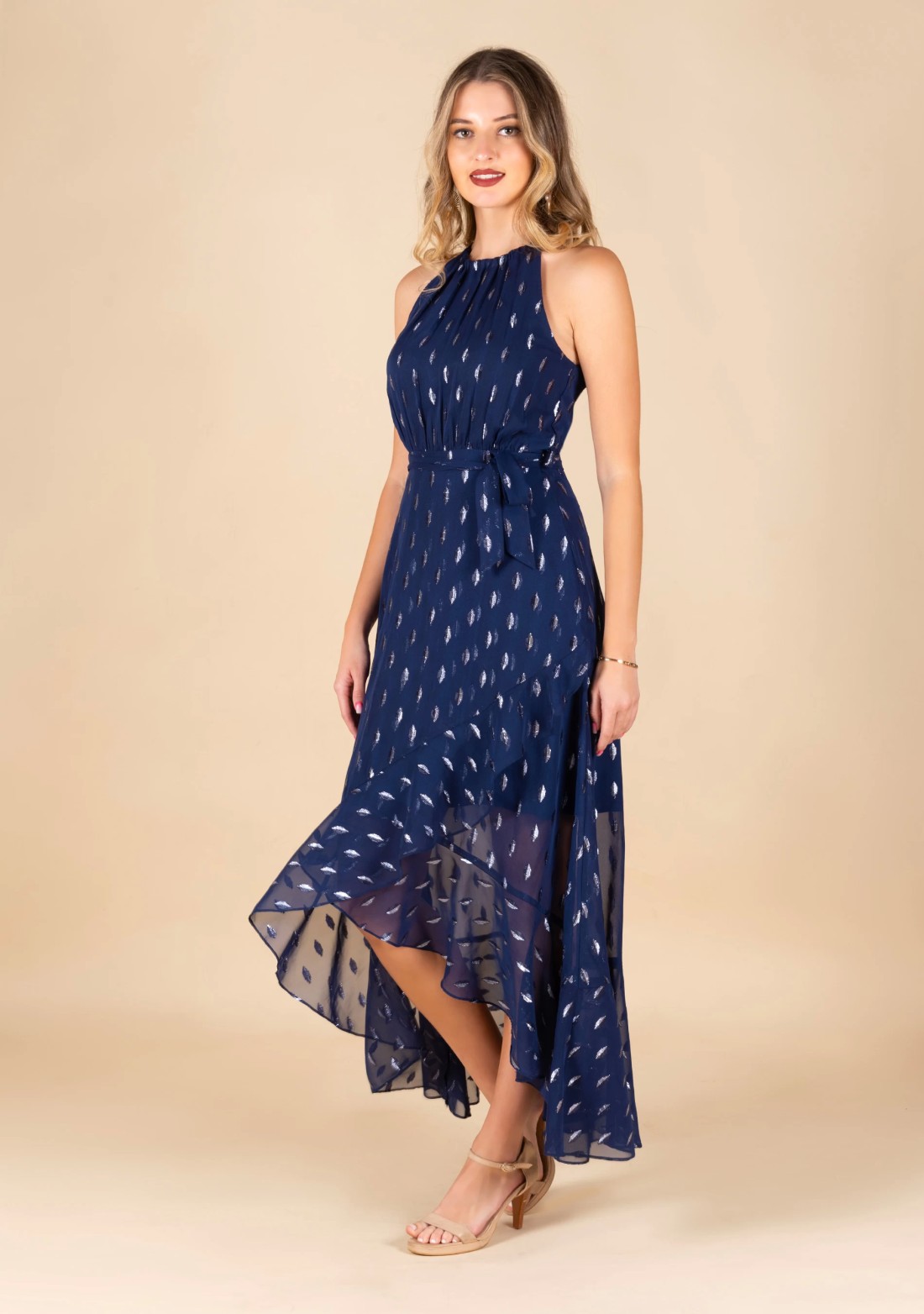 Blue Halter Neck Lurex Asymmetrical Long Dress