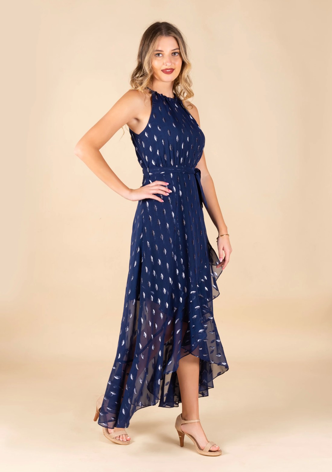 Blue Halter Neck Lurex Asymmetrical Long Dress