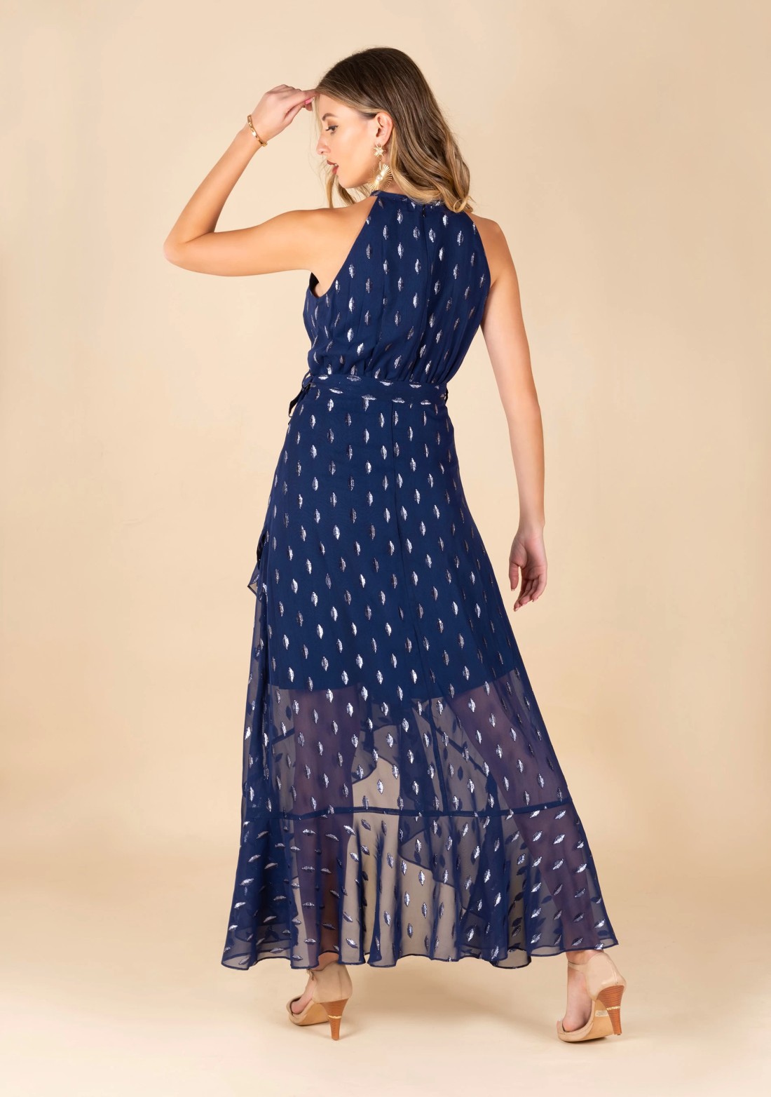 Blue Halter Neck Lurex Asymmetrical Long Dress