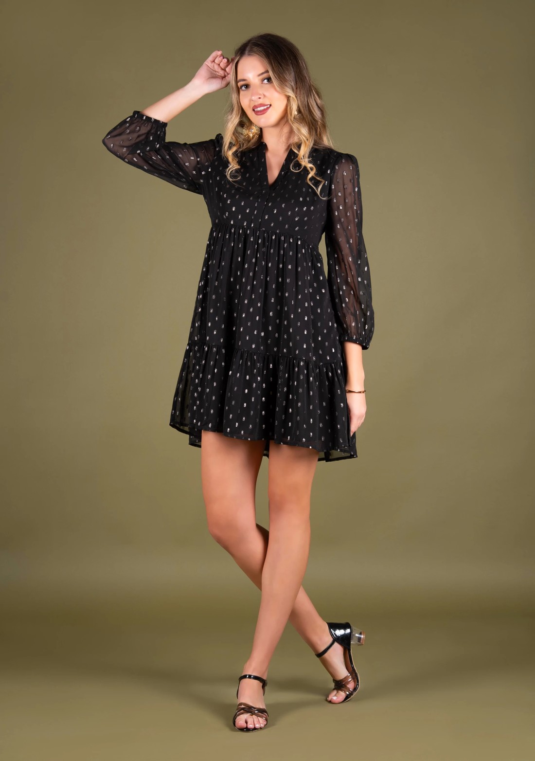 Black Georgette Lurex Flared Mini Dress