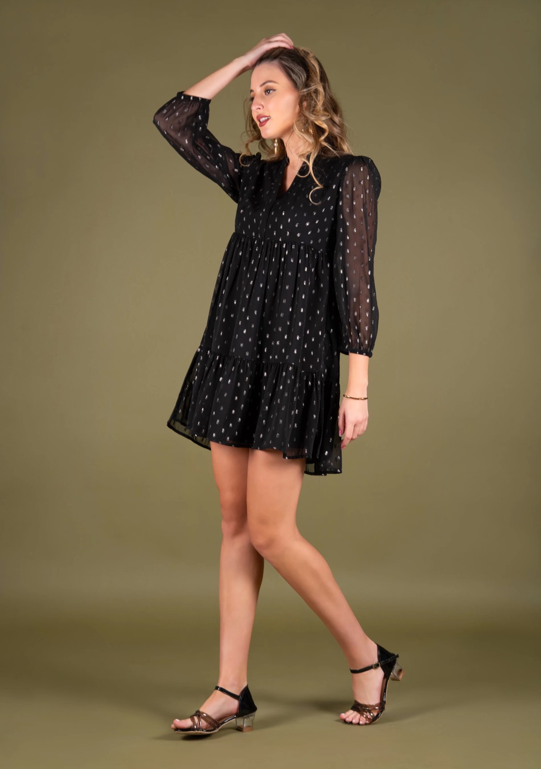 Black Georgette Lurex Flared Mini Dress